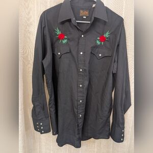 Plains Black Western Button-Down Shirt with Red Rose Embroidery